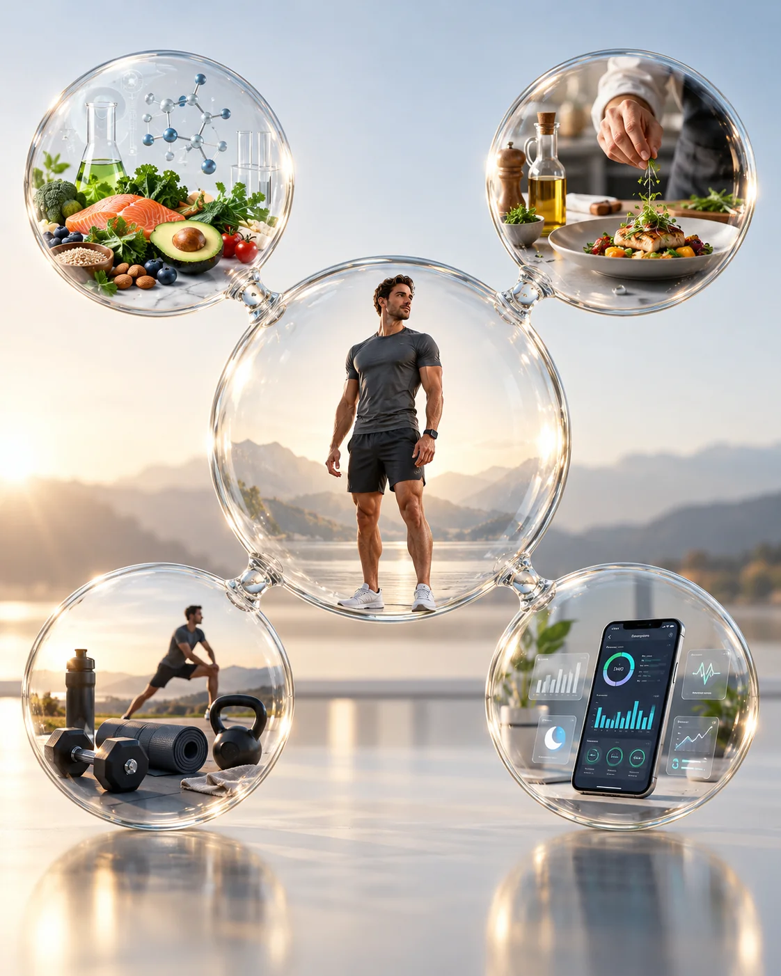 Povezane staklene sfere s prikazima nutricionizma, kulinarstva, tjelesne aktivnosti i digitalnog praćenja oko sportaša